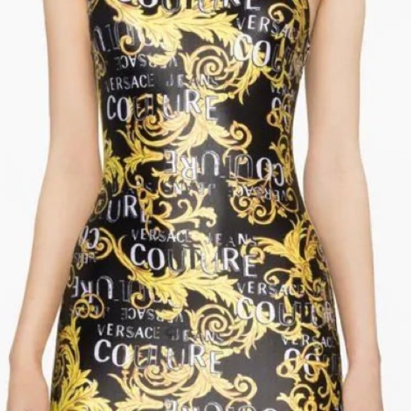 NWT VERSACE Jeans Couture WOMEN Baroque Logo Print Mini Dress Black Gold - Picture 7 of 13